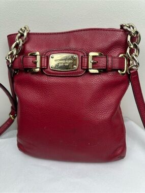 Michael Kors Berry Red Leather Crossbody with Gold Chain Accents